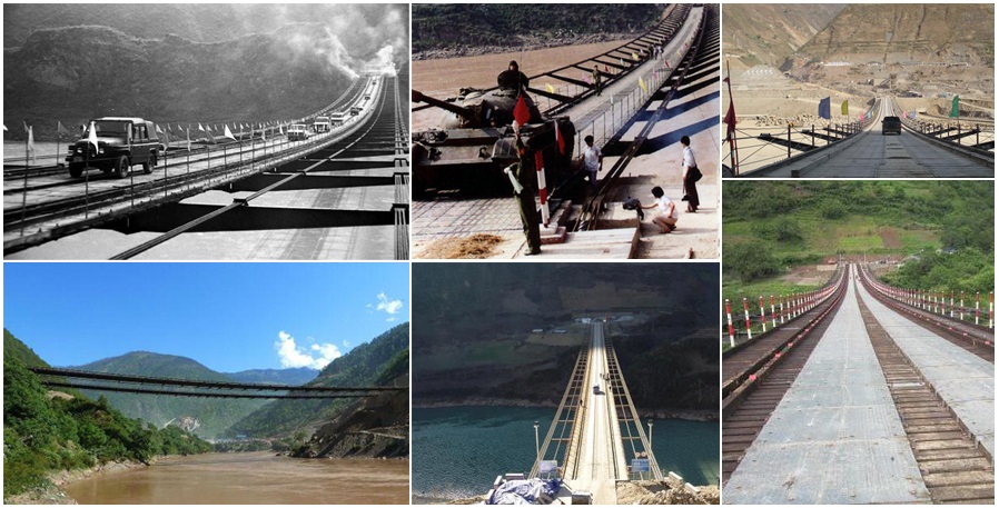 An image collage of various improved simple suspension bridge installations